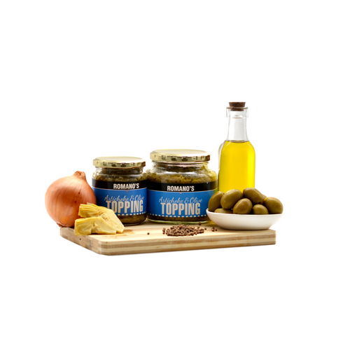 Romano's Artichoke and Olive Topping jars with artichoke hearts, green olives and onion