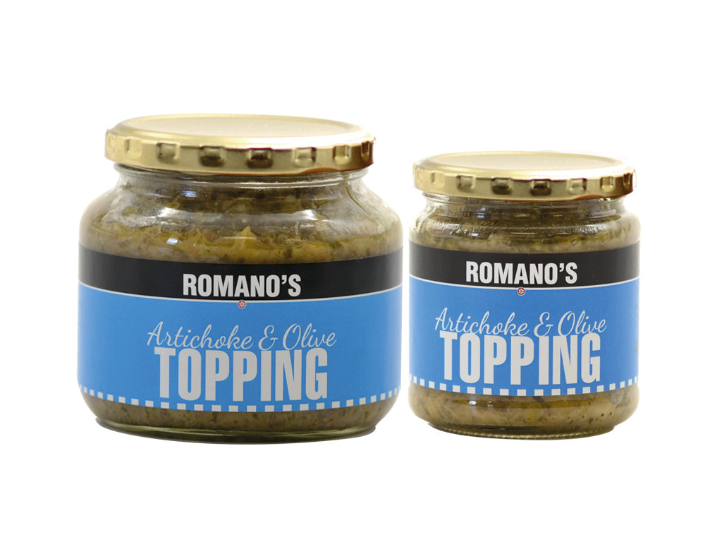 Romano's Artichoke and Olive Topping in two jar sizes