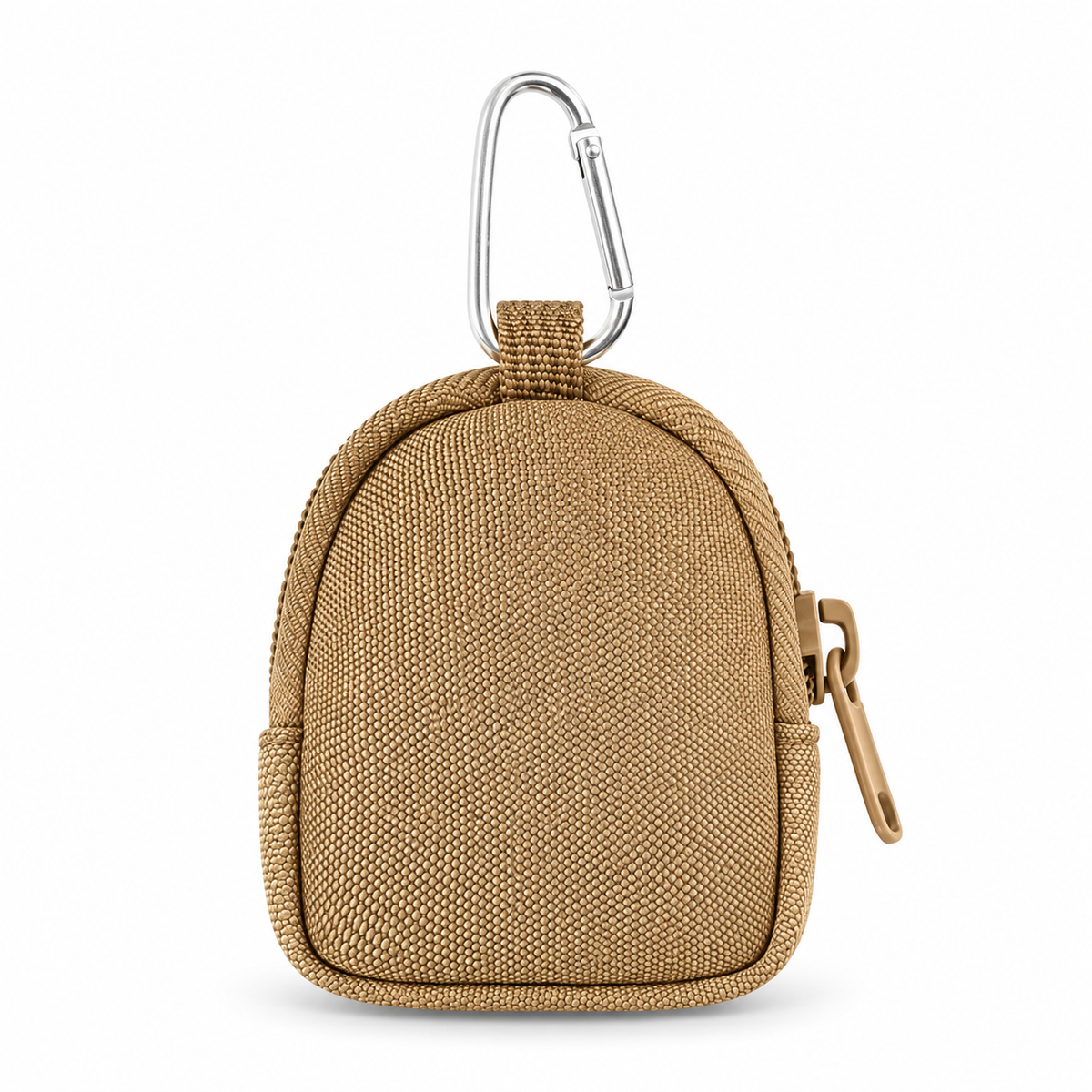 khaki dog treat pouch with zip closure and clip on a white background