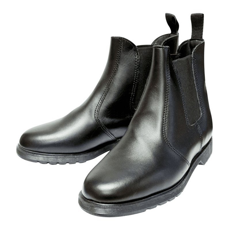 Pair of Equistride Pioneer black leather jodhpur boots with elastic panels and pull tabs