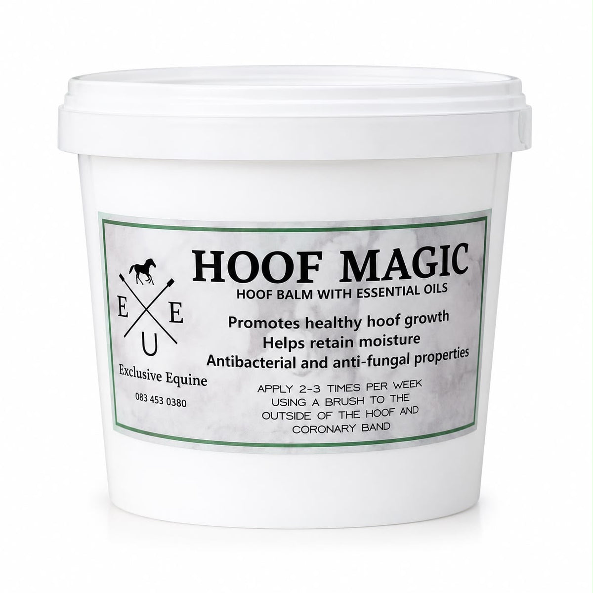 Exclusive Equine Hoof Magic hoof balm with essential oils in a 2 kg white tub