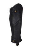 Indiana black horse riding gaiter showing side zip, curved top, press-stud tabs and underfoot strap