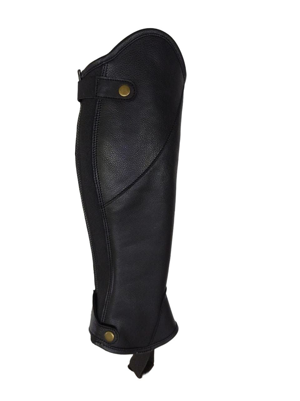 Indiana black horse riding gaiter showing side zip, curved top, press-stud tabs and underfoot strap