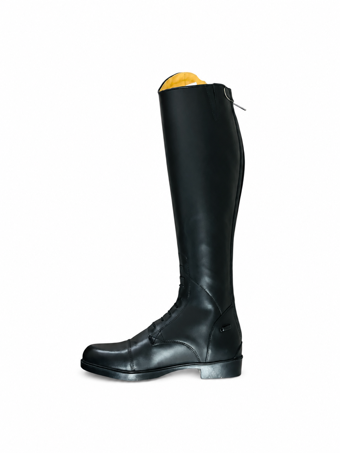 Indiana black long leather riding boot profile showing low heel