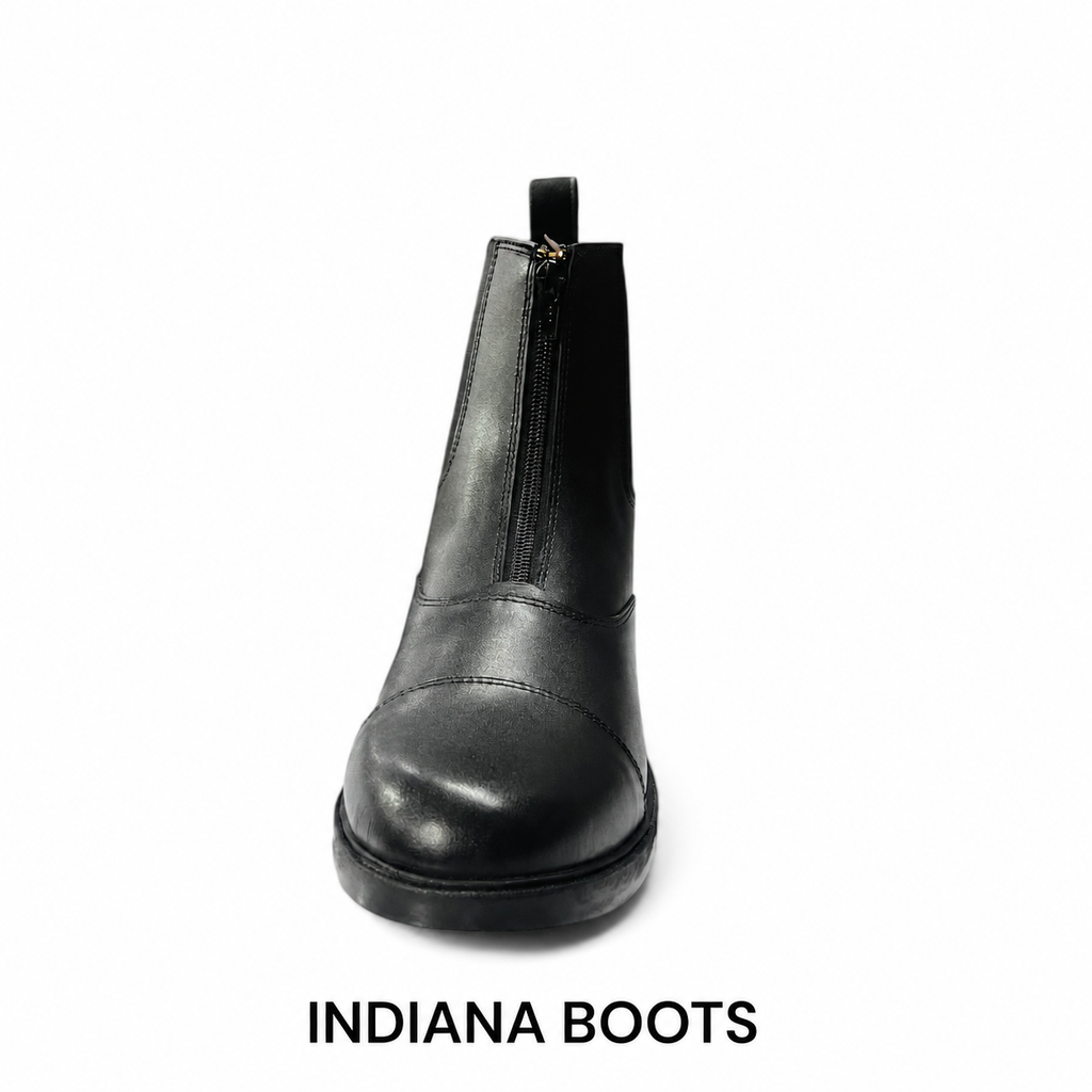 Indiana black short leather riding boot showing front zip and rounded toe