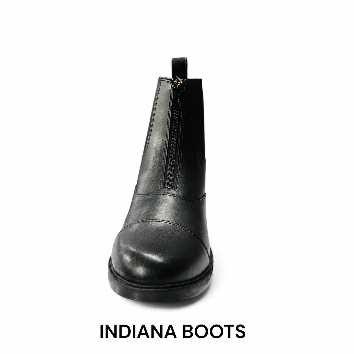 Indiana black short leather riding boot showing front zip and rounded toe