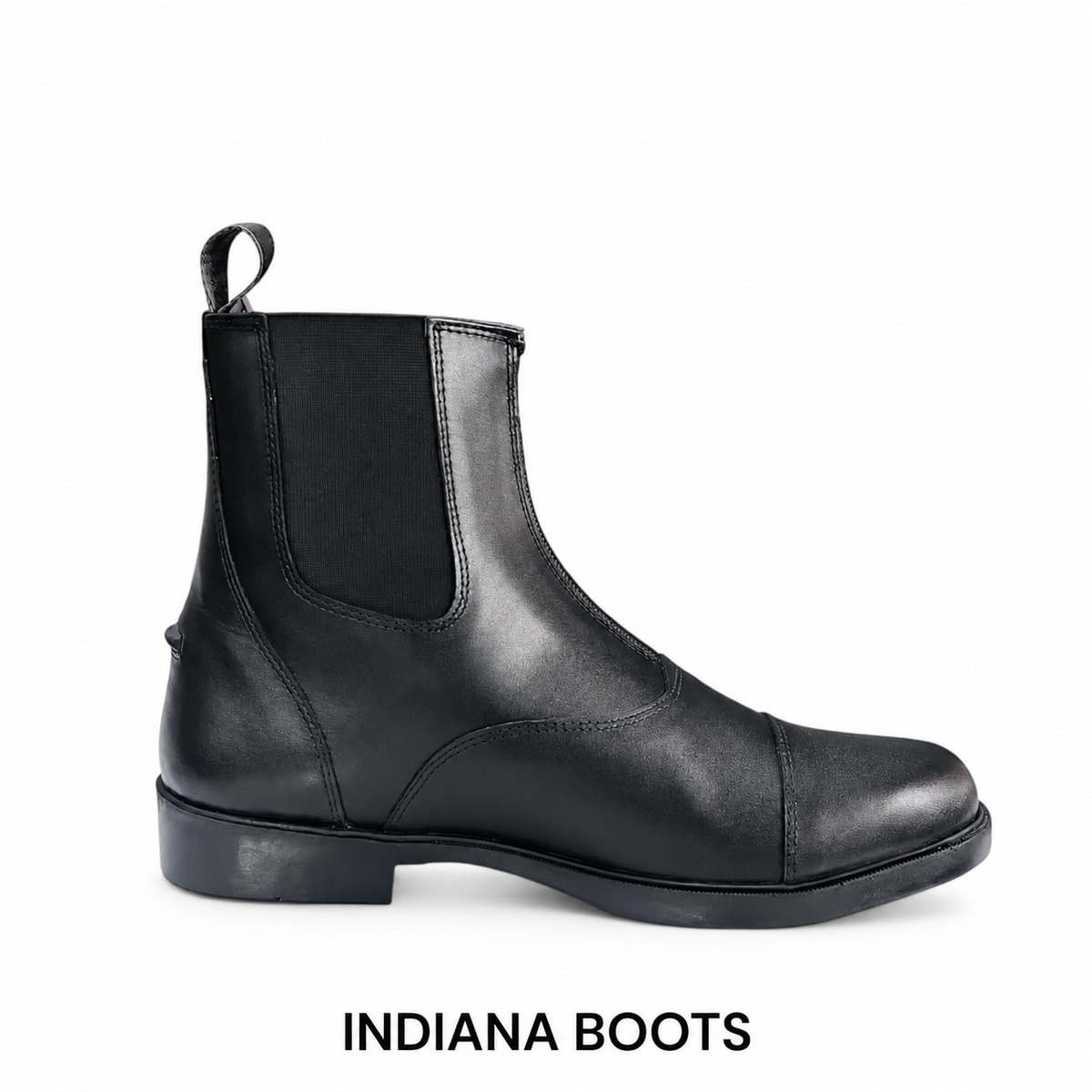 Indiana black short leather riding boot in side view with elastic ankle panel and rear pull tab