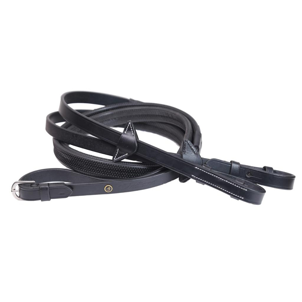 Indiana Signature Series black leather reins with textured rubber grip, stoppers and stainless steel hardware