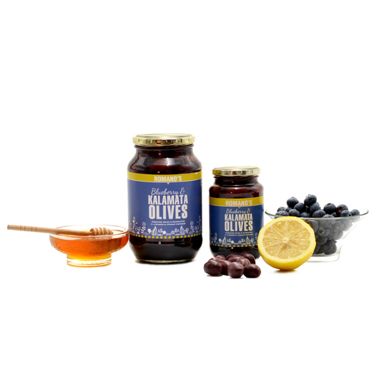 Romano's Kalamata and blueberry olives in two jar sizes with blueberries, lemon and honey