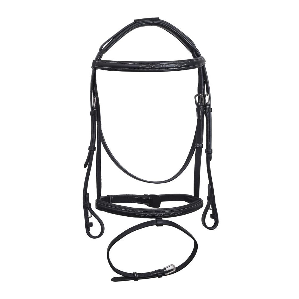 Black padded square raised fancy stitched leather bridle, front view