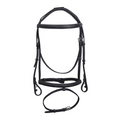 Black padded square raised fancy stitched leather bridle, front view