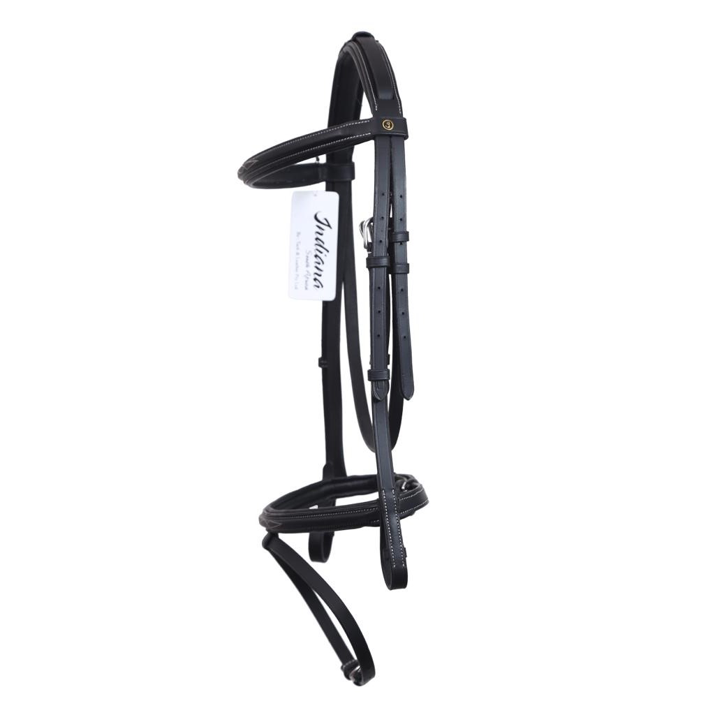 Black padded square raised leather bridle with fancy stitching, side view