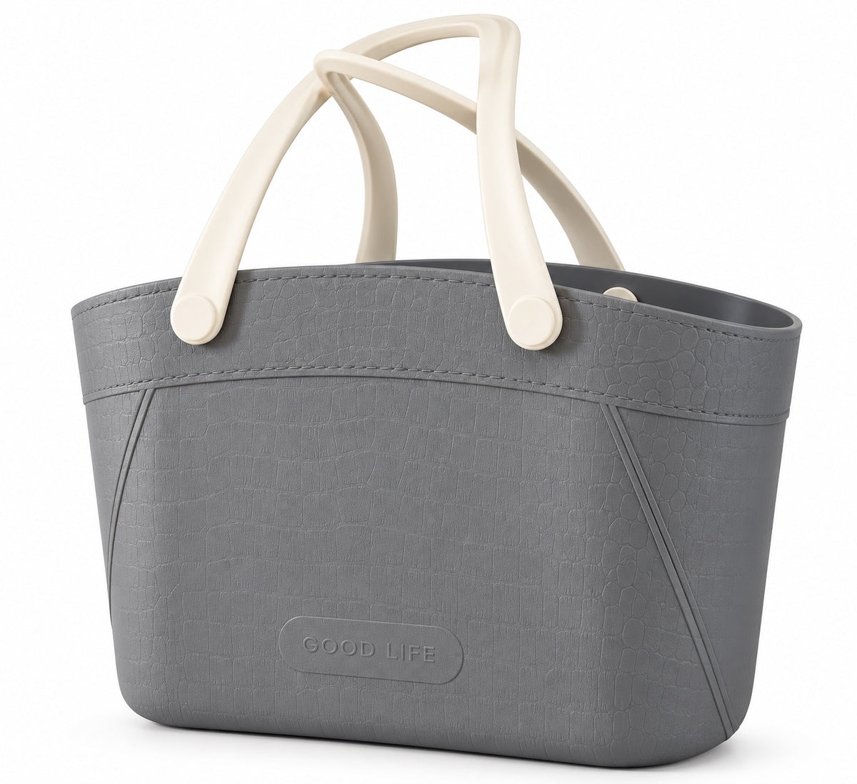 Grey Riviera silicone carryall tote with textured finish and cream handles