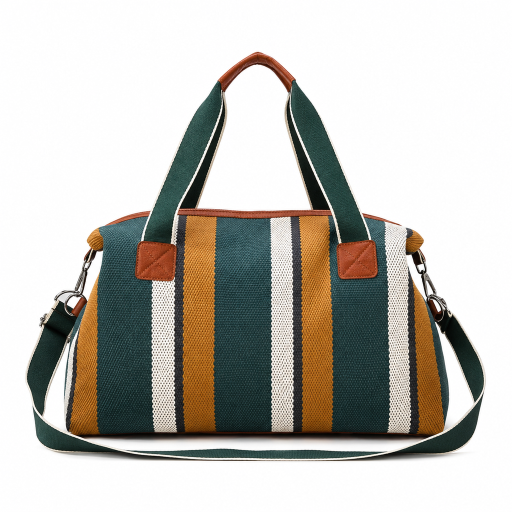 Riviera striped weekender bag in forest green and ochre – exterior