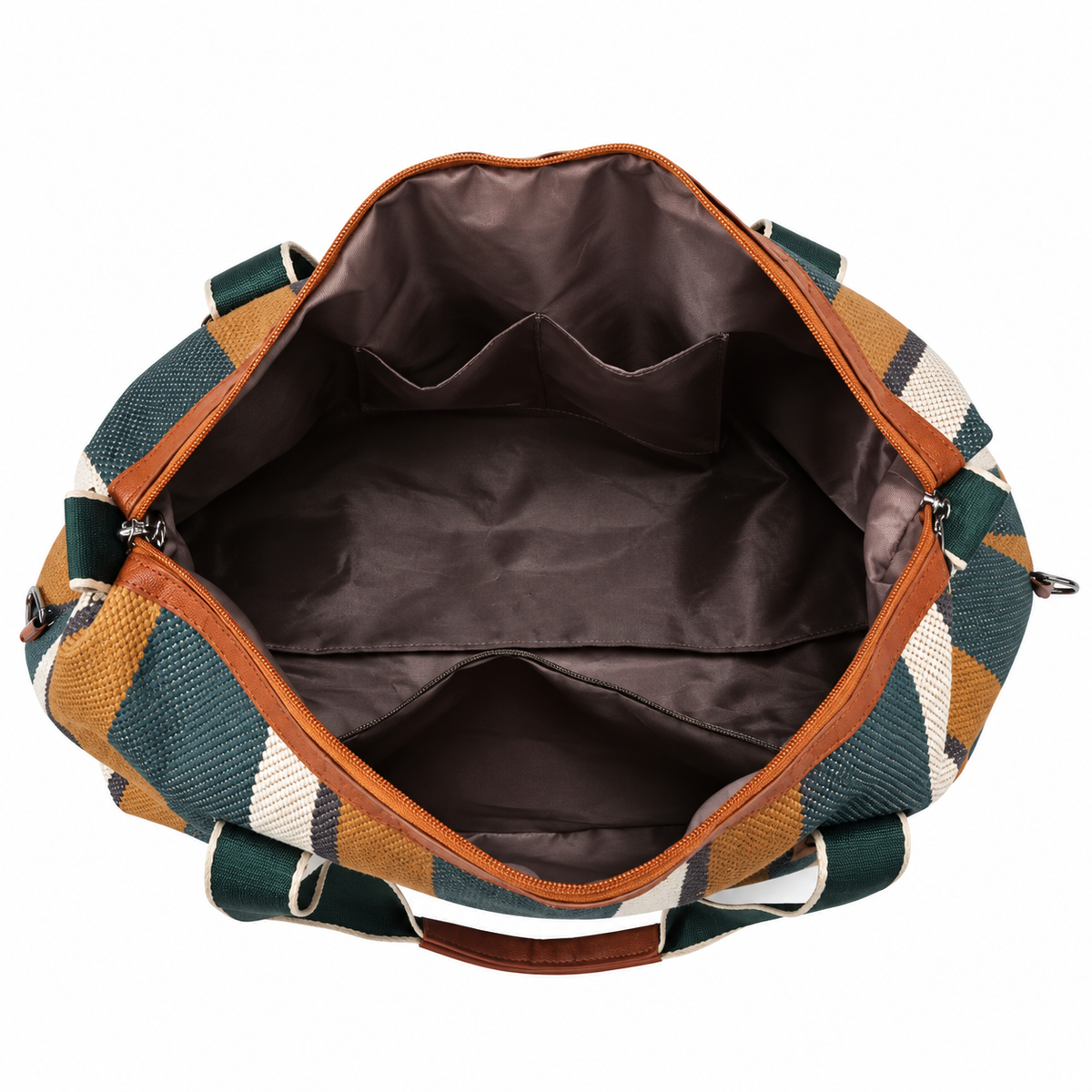 Riviera striped weekender bag in forest green and ochre – interior