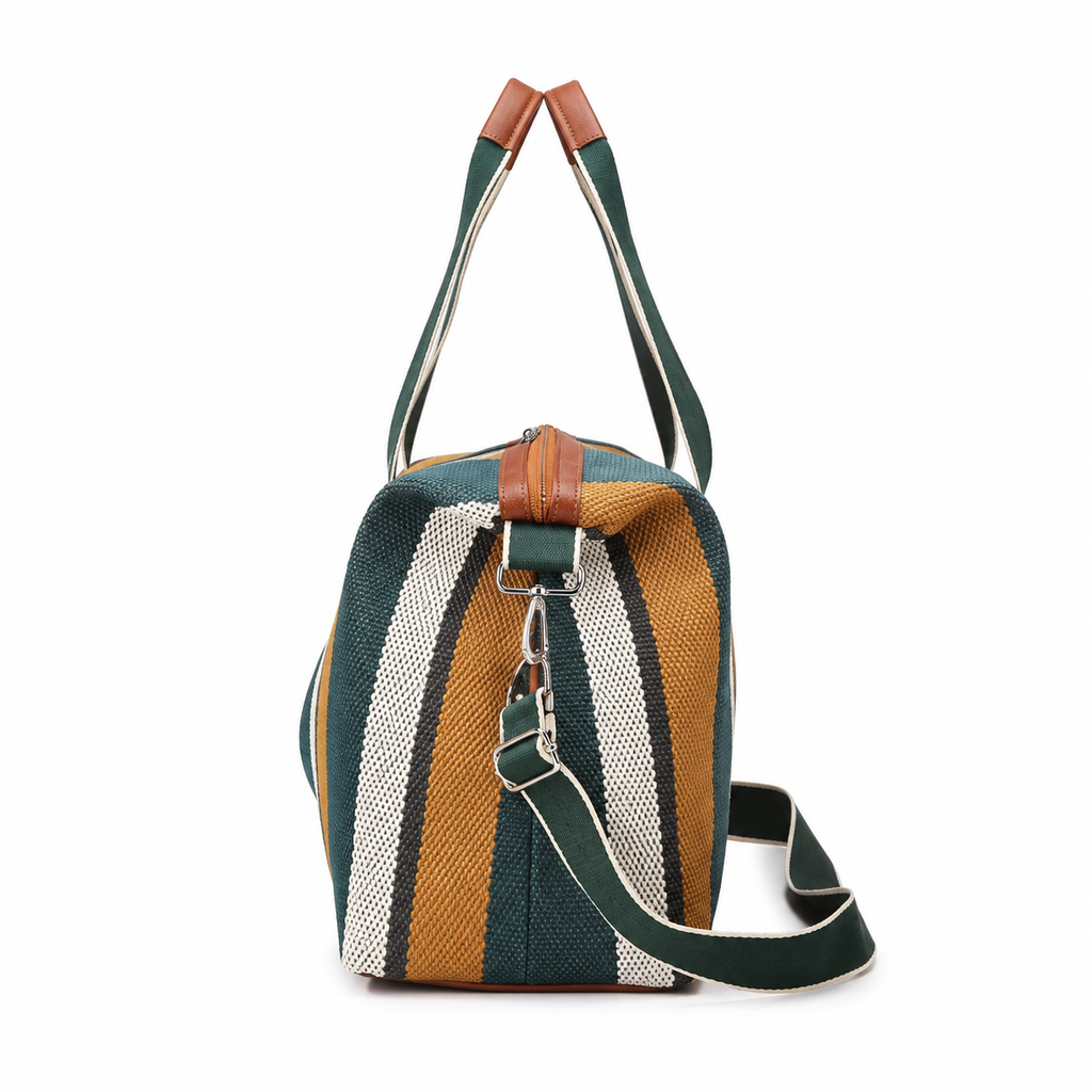 Riviera striped weekender bag in forest green and ochre – side