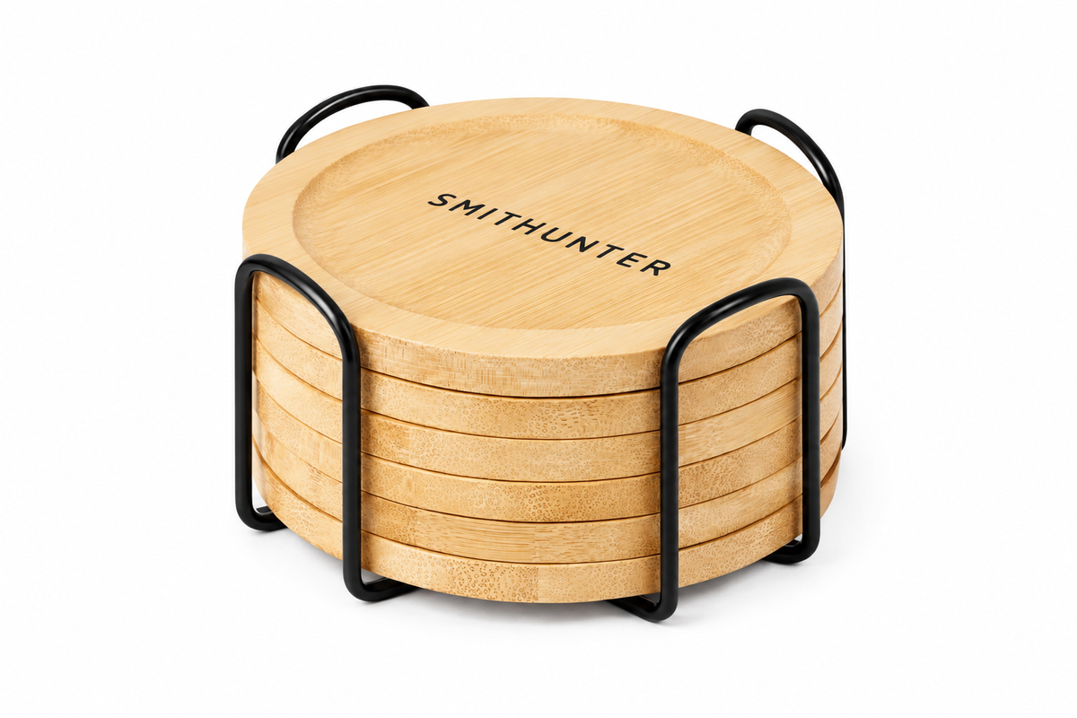 Smith & Hunter set of six round bamboo coasters stacked in a black steel storage rack