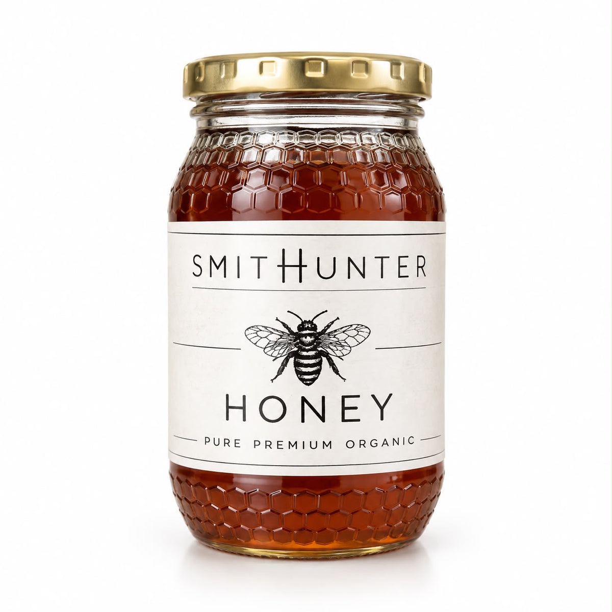 Smith & Hunter Premium Honey 375 ml in a honeycomb-patterned glass jar with gold lid