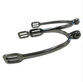 Pair of stainless steel roller ball riding spurs on a white background