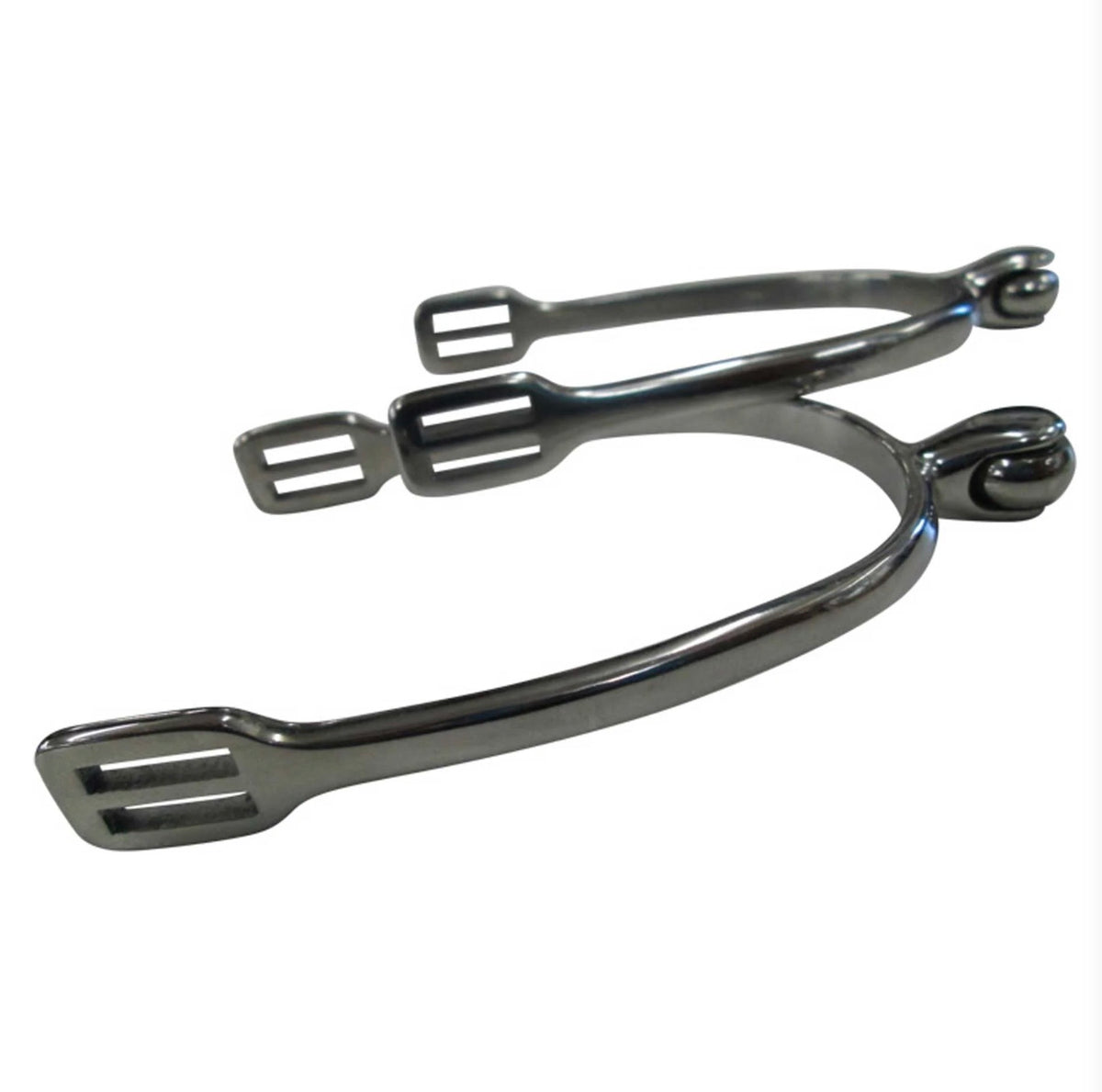 Pair of stainless steel roller ball riding spurs on a white background
