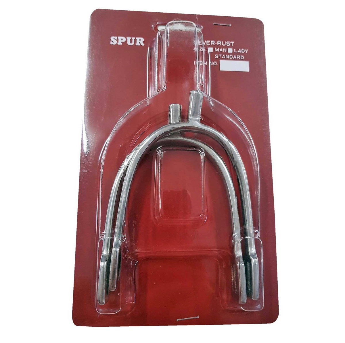 Stainless steel short shank riding spurs with 20mm square ends, shown as a pair in packaging