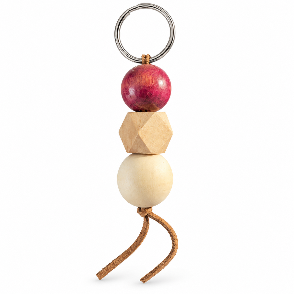 Woodland wooden bead keyring charm – Berry & Ivory on a white background