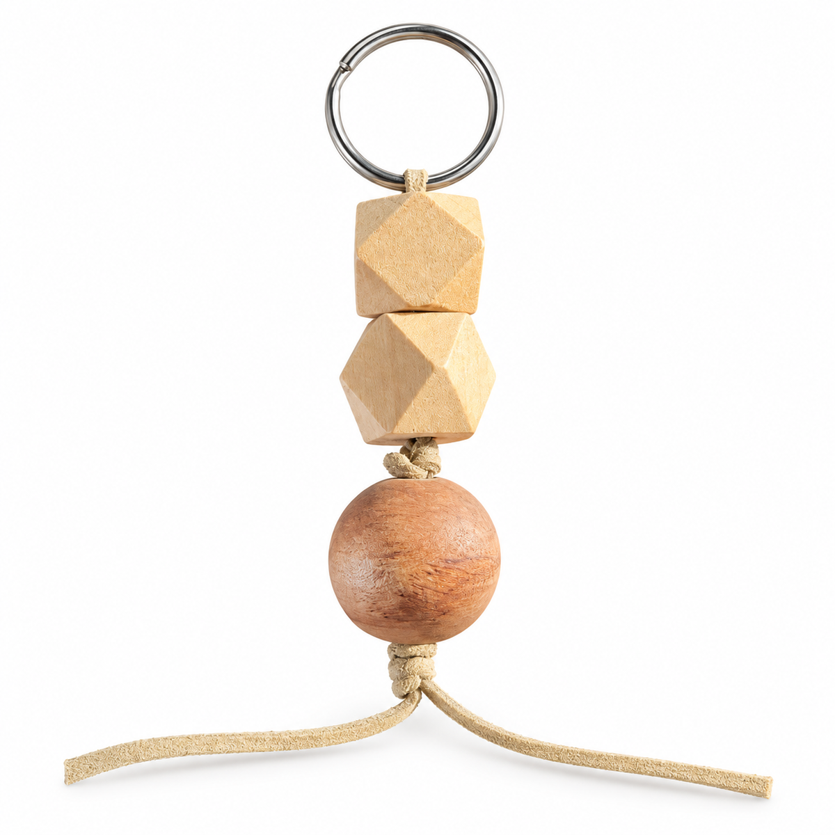 Woodland wooden bead keyring charm – Chestnut Geometric on a white background