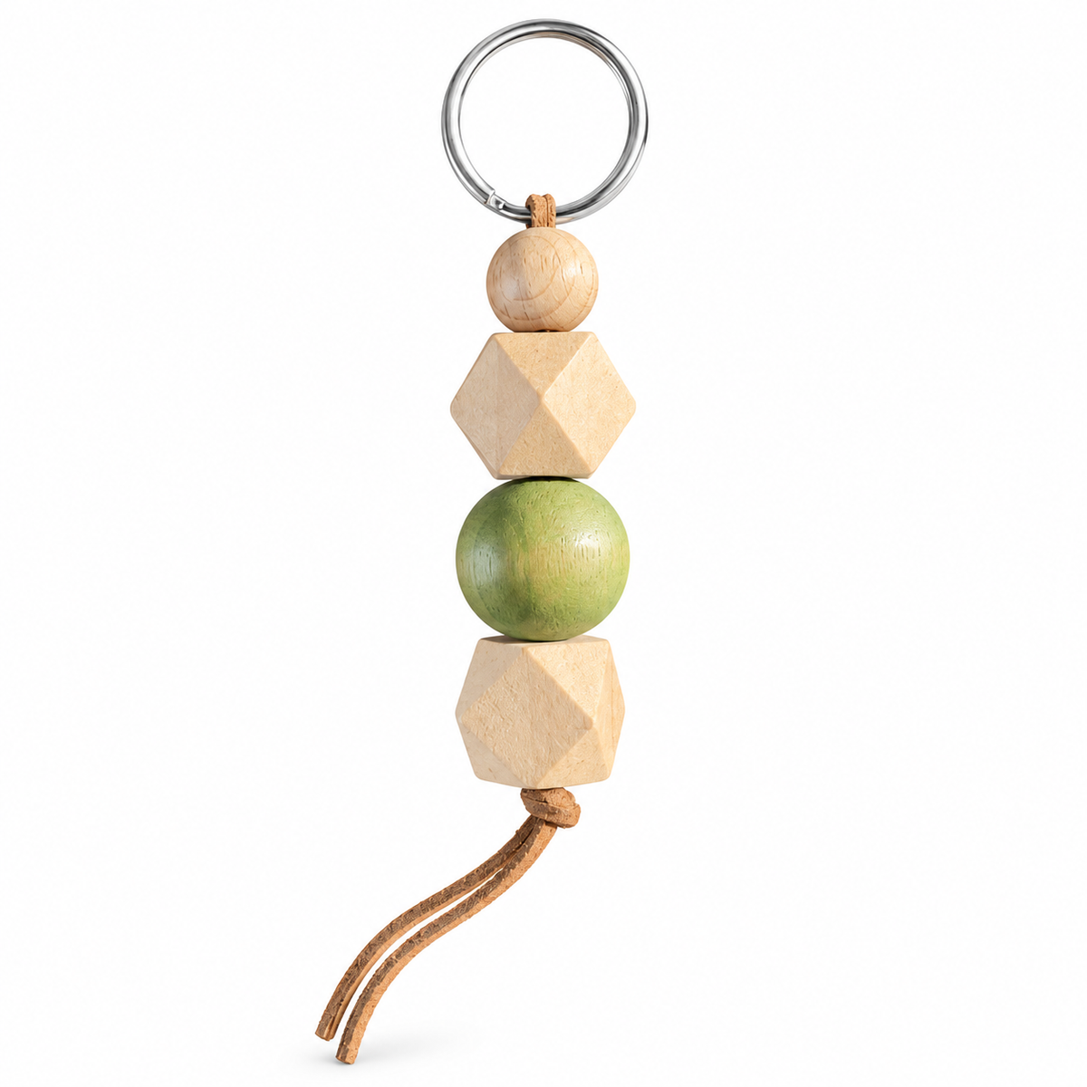 Woodland wooden bead keyring charm – Olive Four-Bead on a white background