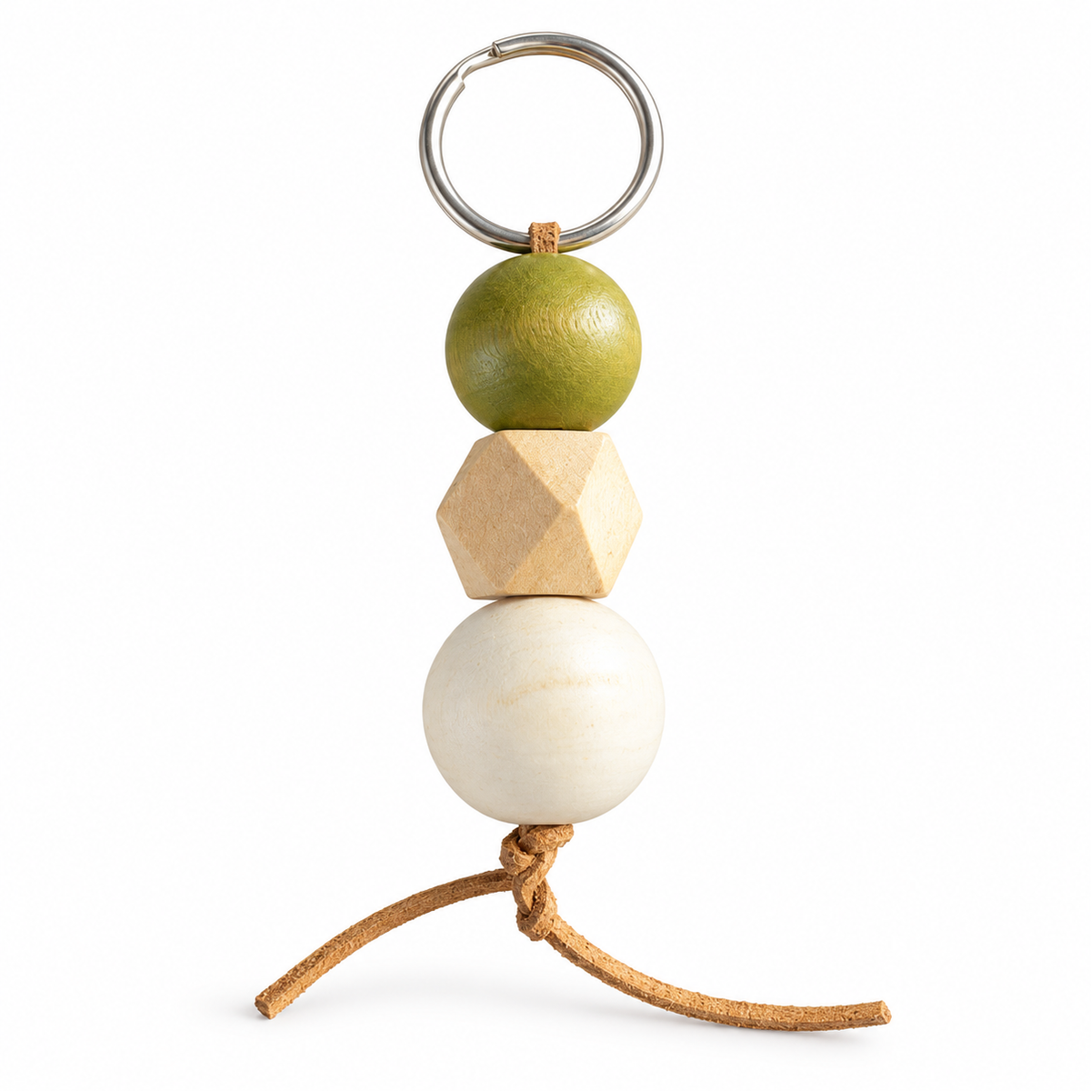 Woodland wooden bead keyring charm – Olive & Ivory on a white background